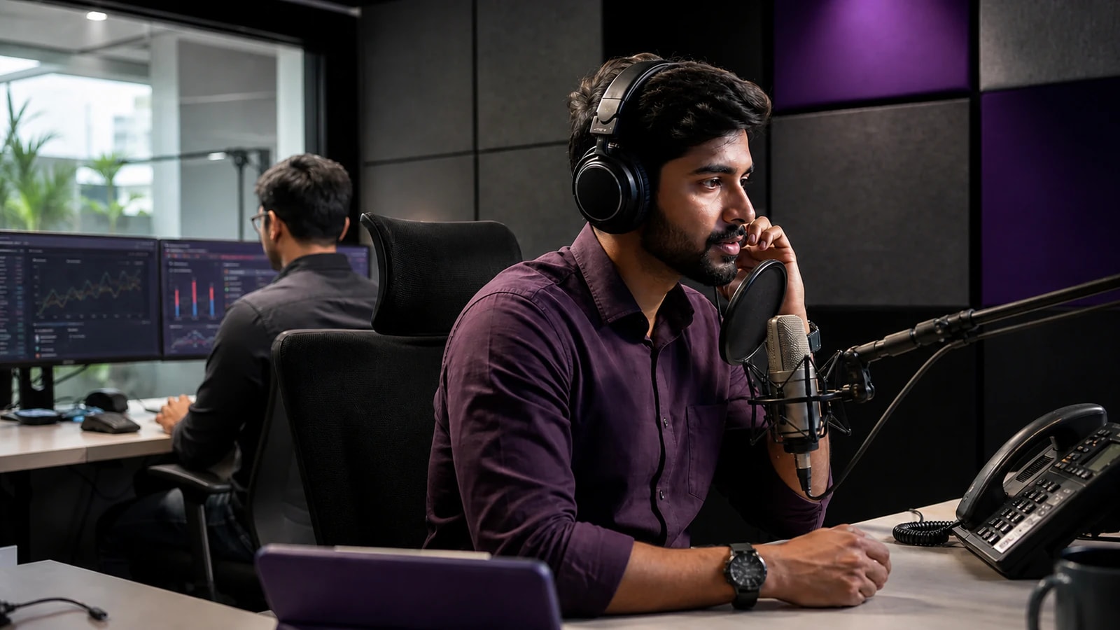 A voice AI engineer testing a production call in a studio